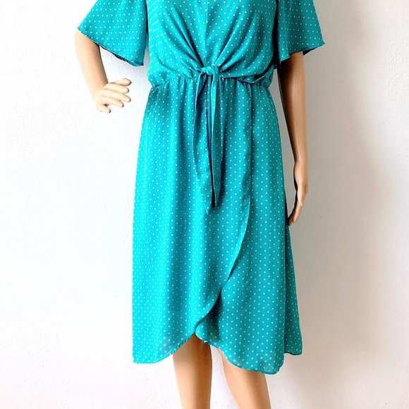 Teal Dress Blue Green Dress Polka Dot Dress Wrap Skirt Dress Pullover Dress | S - Picture 9 of 11